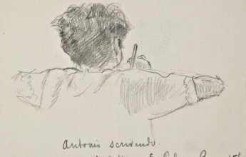 Un ritratto di Gramsci che scrive, disegnato dal suo compagno di partito, il giornalista Edmondo Peluso nel 1925, Archivio Antonio Gramsci.