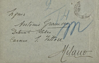 Busta indirizzata al detenuto A. Gramsci [18 gennaio 1928]. A matita è indicata la cella: braccio 2; cella 14. Archivio Antonio Gramsci.